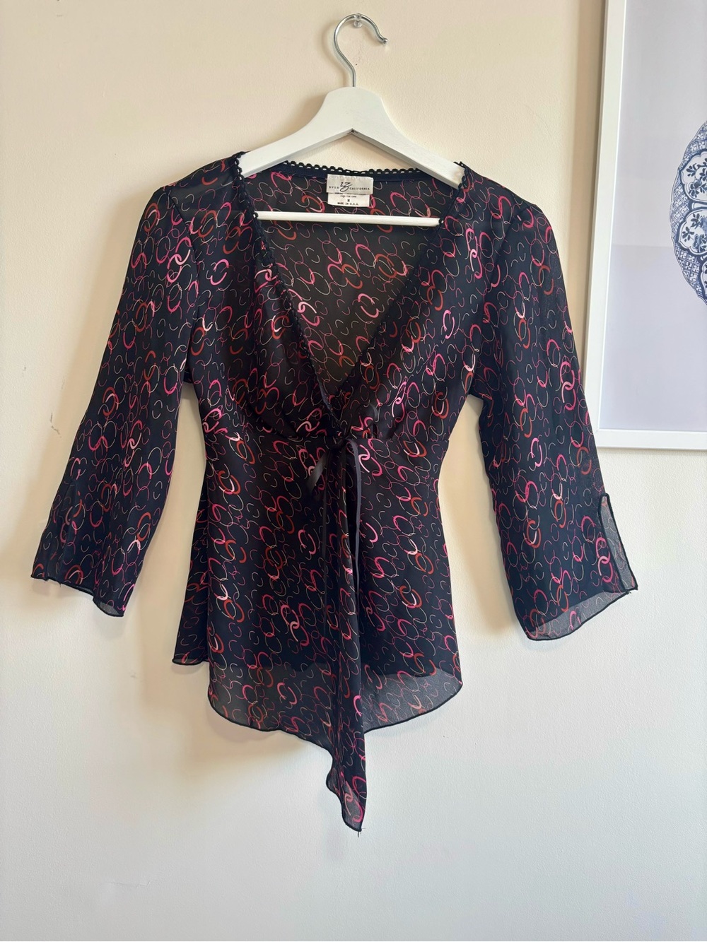 Y2K Babydoll Wrap Top Sheer Chiffon Going Out Top Handkerchief Hem | M